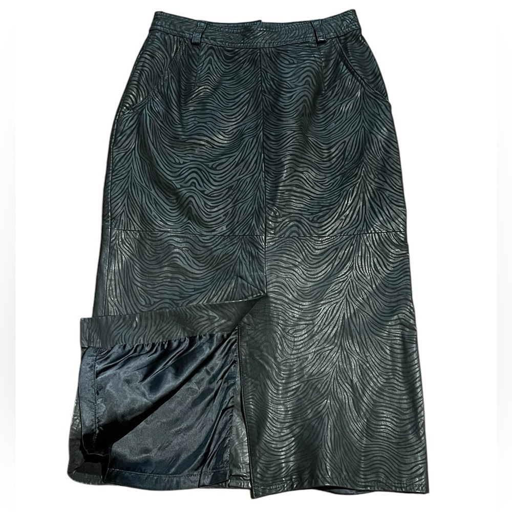 VTG 100% Nappa Leather Black Etched Tonal Zebra Print Pencil Midi Skirt